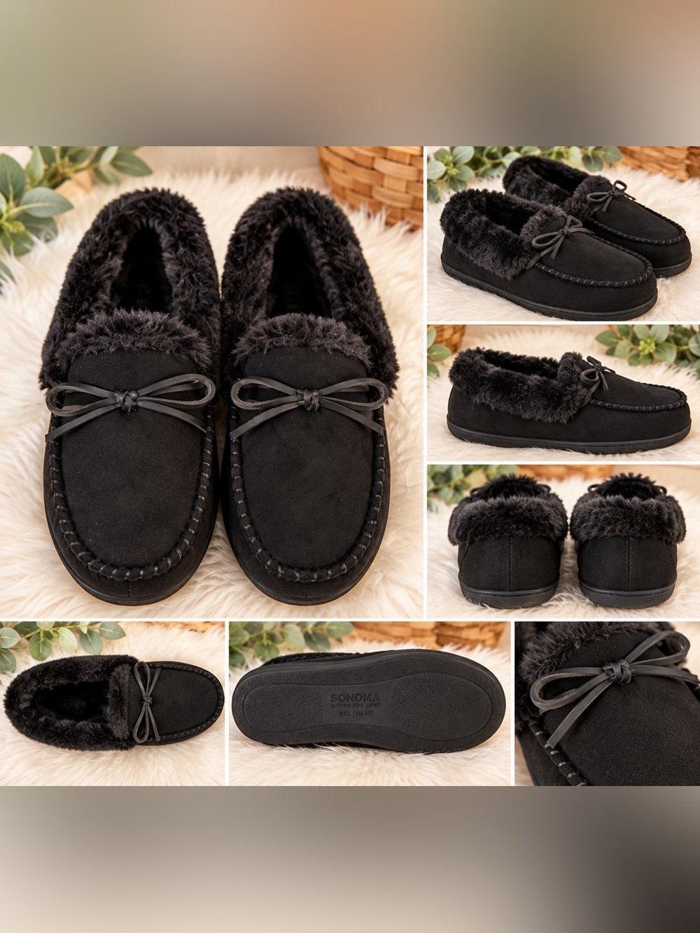 Sonoma Goods For Life SINTIA Black Faux Fur Moccasin Slippers XXL (10-11) NWT